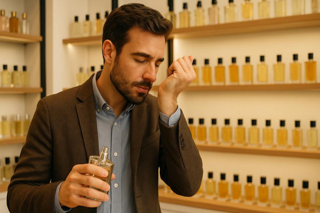 un homme qui sent son poignet dans une boutique de parfums