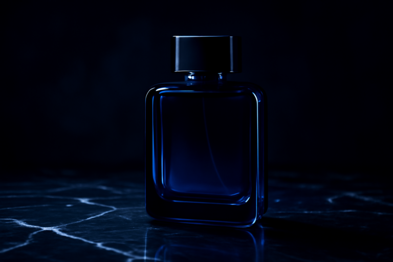 Flacon de parfum bleu sur marbre noir, illustration pour article sur Bleu de Chanel