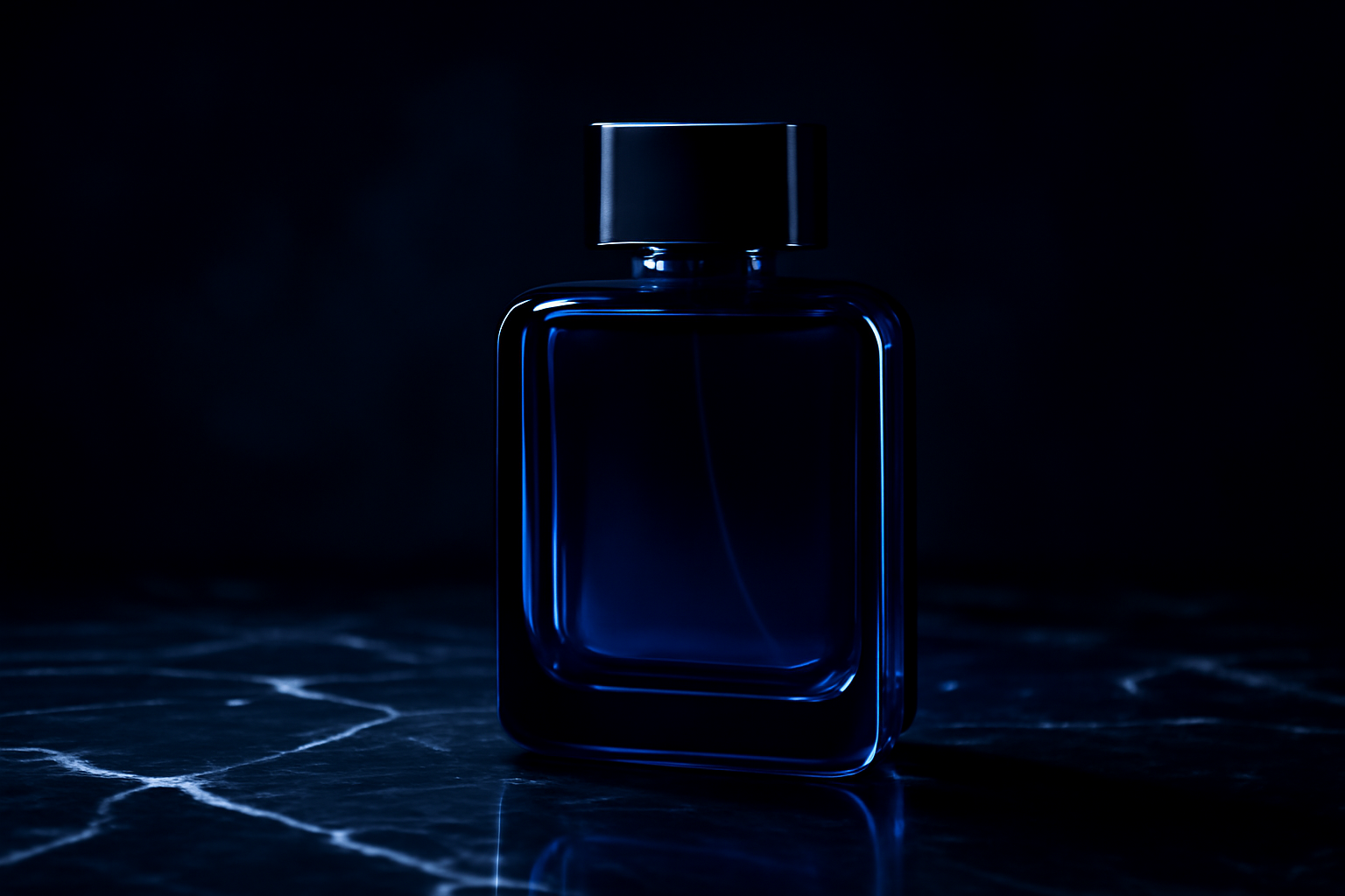 Flacon de parfum bleu sur marbre noir, illustration pour article sur Bleu de Chanel