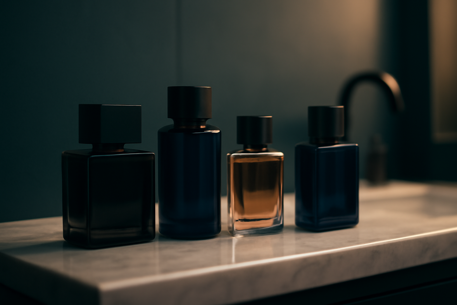 Quatre flacons de parfum de luxe alignés dans une salle de bain moderne