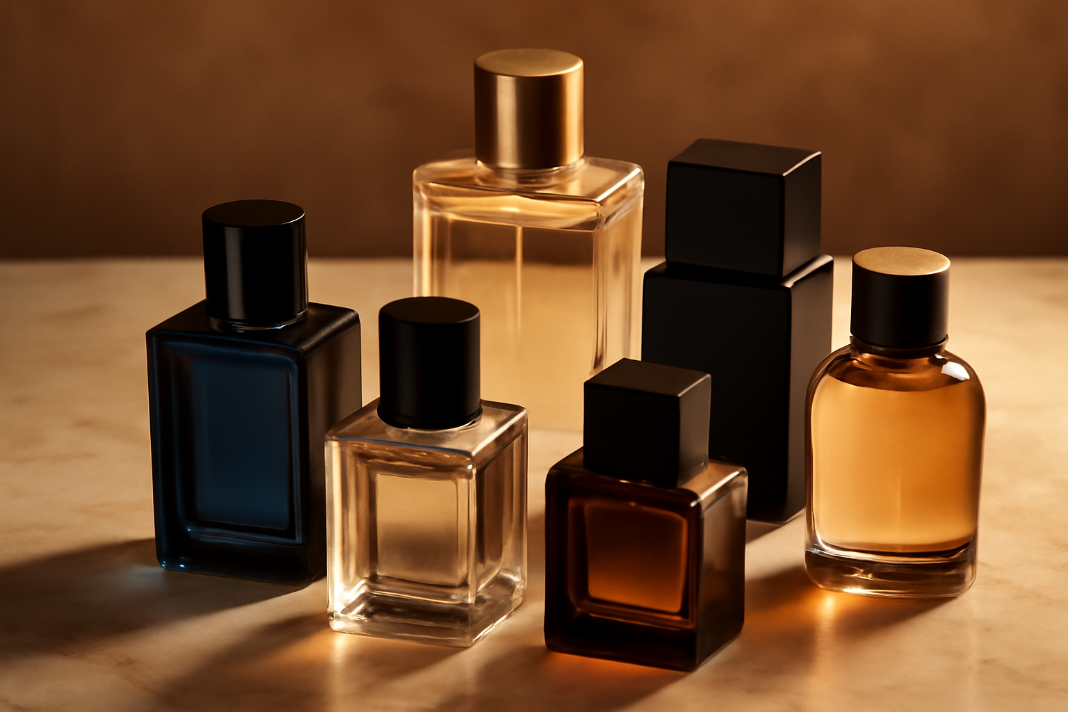 Collection de 5 flacons de parfum pour homme sur marbre