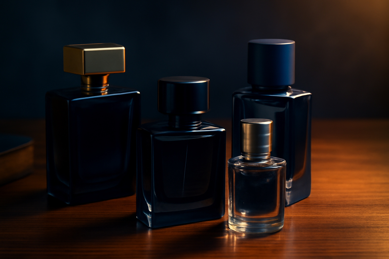 Collection de flacons de parfums homme premium arranges sur un bureau bois noble