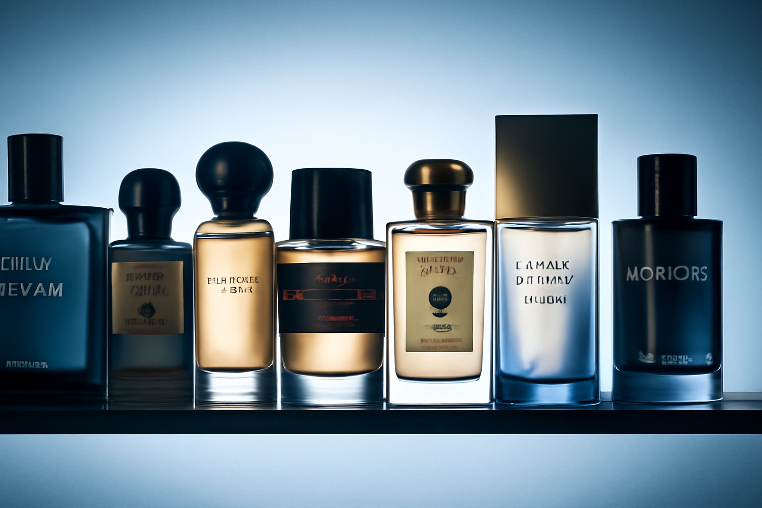 Flacons de parfums niche et designer alignes sur etagere eclairee en backlight