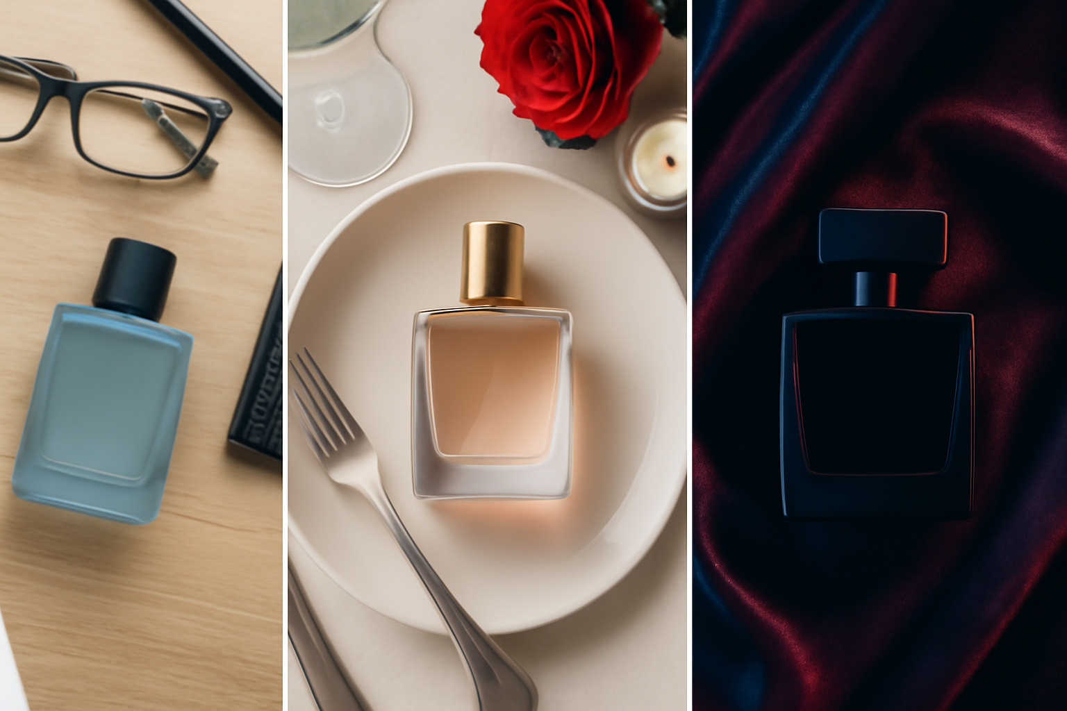 Trois contextes parfum homme : bureau, dîner romantique, soirée club - dosage différent selon l'occasion