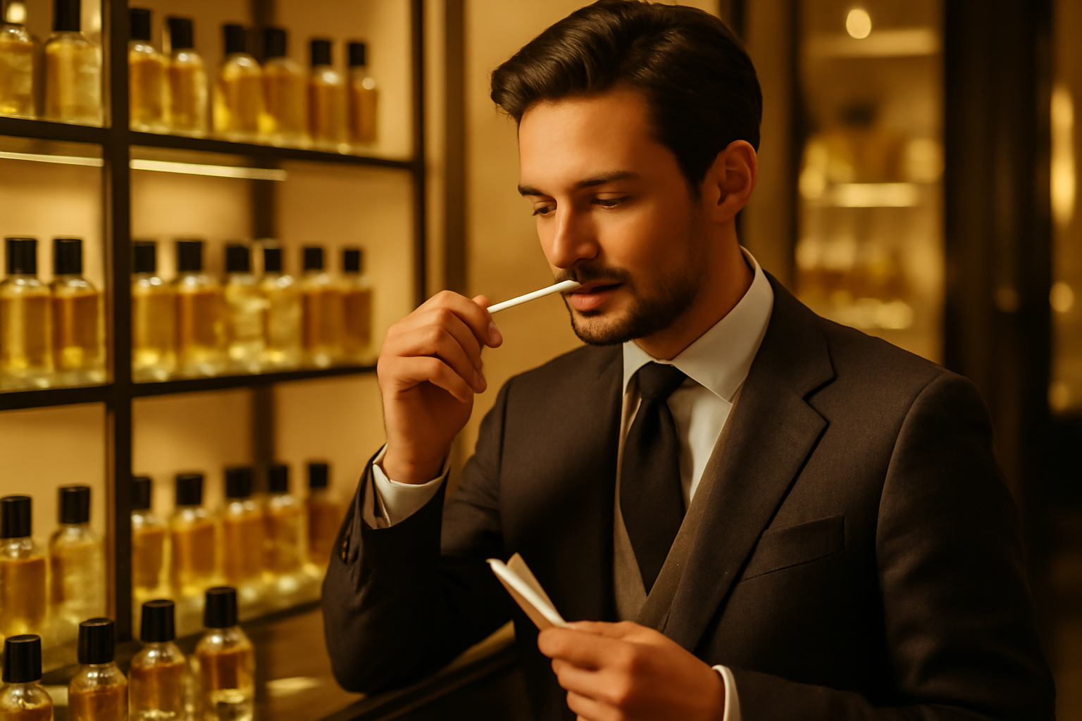 Homme testant des parfums dans une boutique de luxe