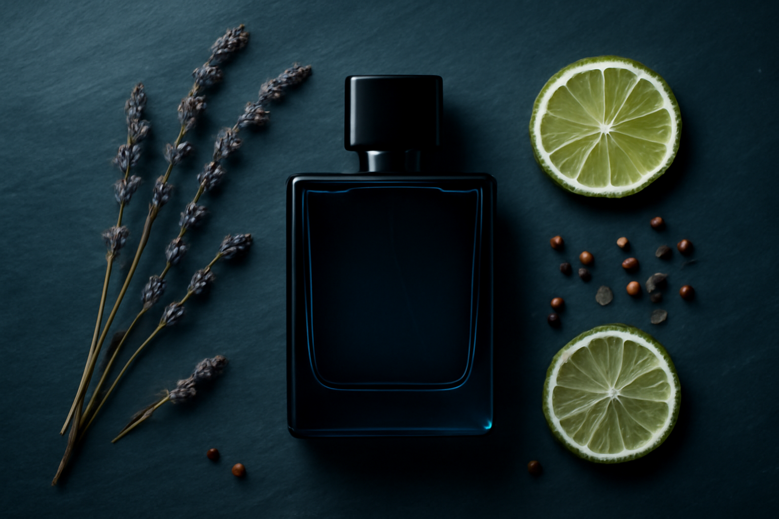 Flacon de parfum homme avec notes de bergamote et lavande sur fond sombre