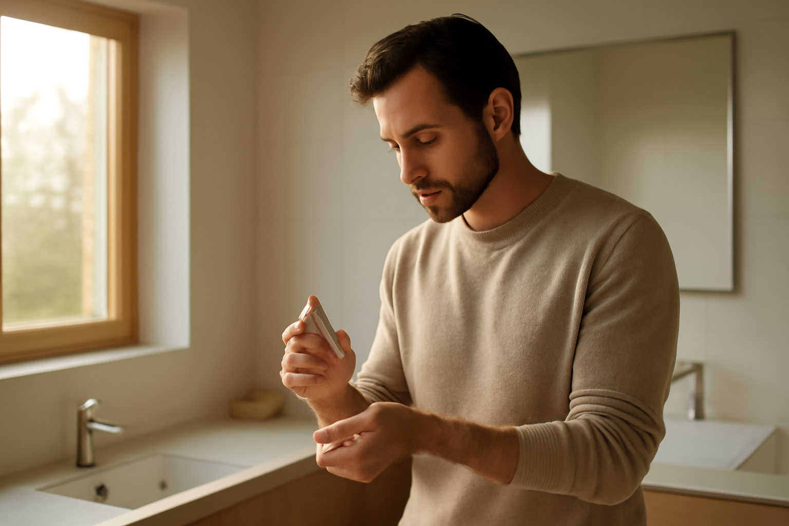 Homme appliquant son parfum dans sa routine matinale