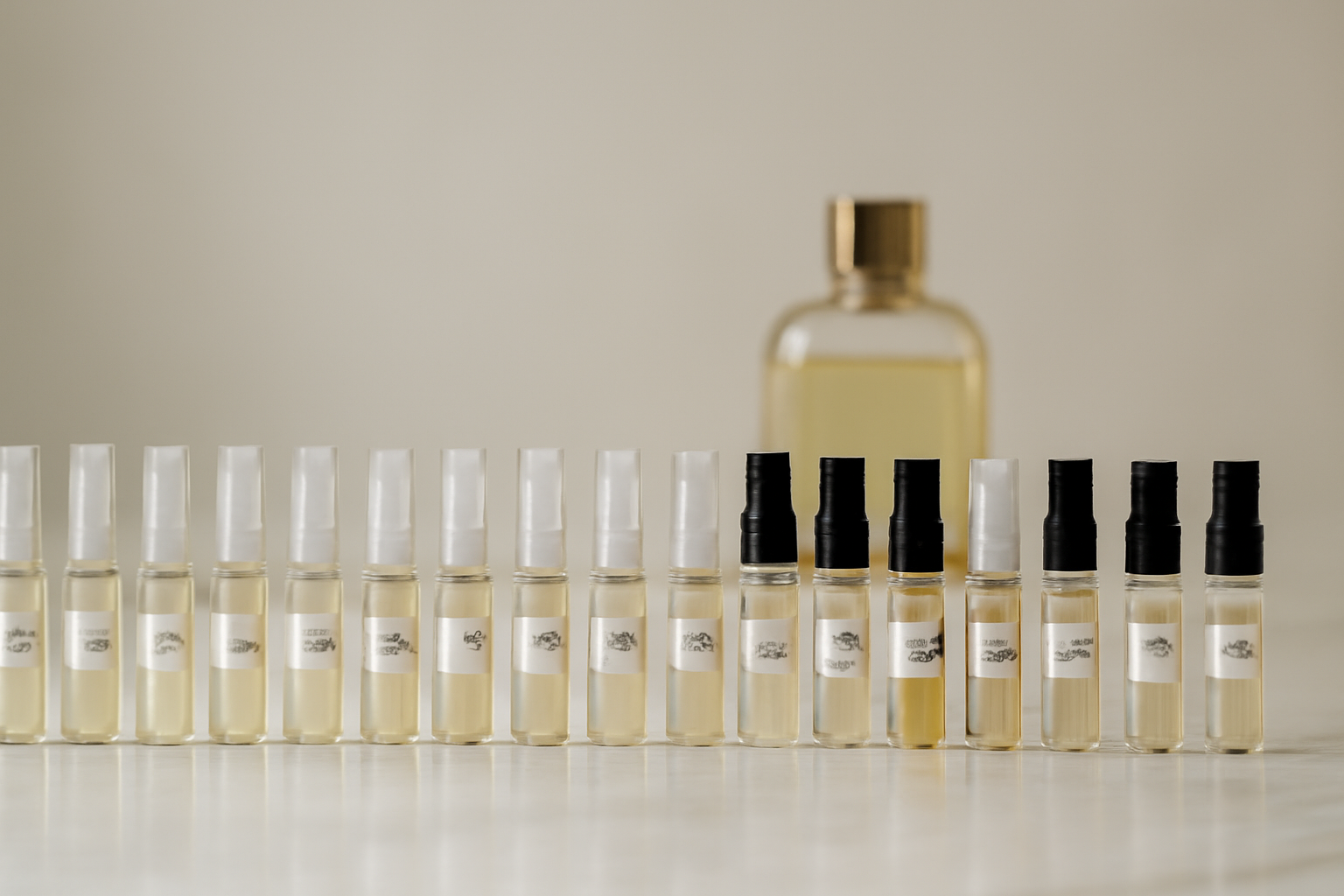 Echantillons decants de parfum en atomiseurs 5ml et 10ml alignes sur une surface en marbre