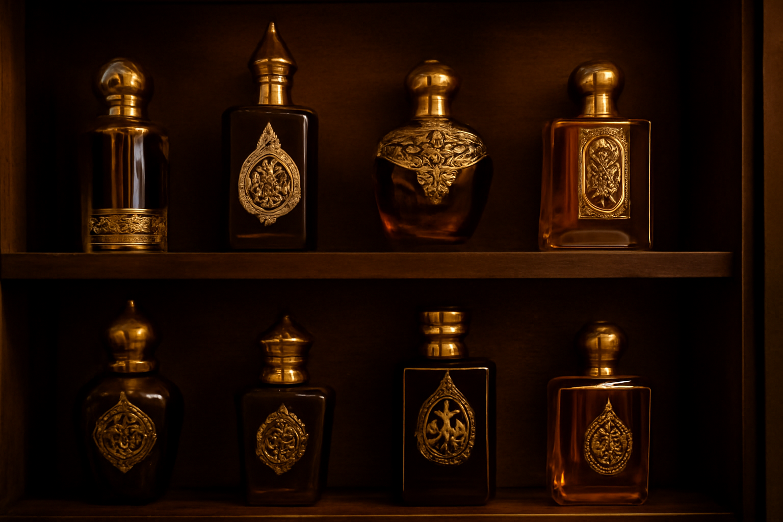 Rangee de flacons de parfums orientaux maisons arabes Lattafa Armaf Al Haramain