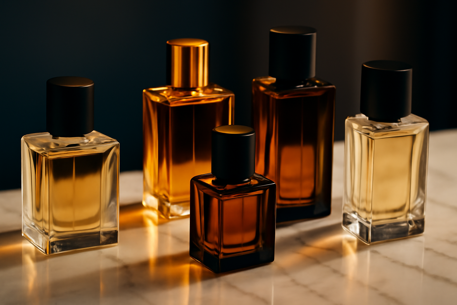 Collection de flacons de parfum Maison Francis Kurkdjian sur marbre blanc