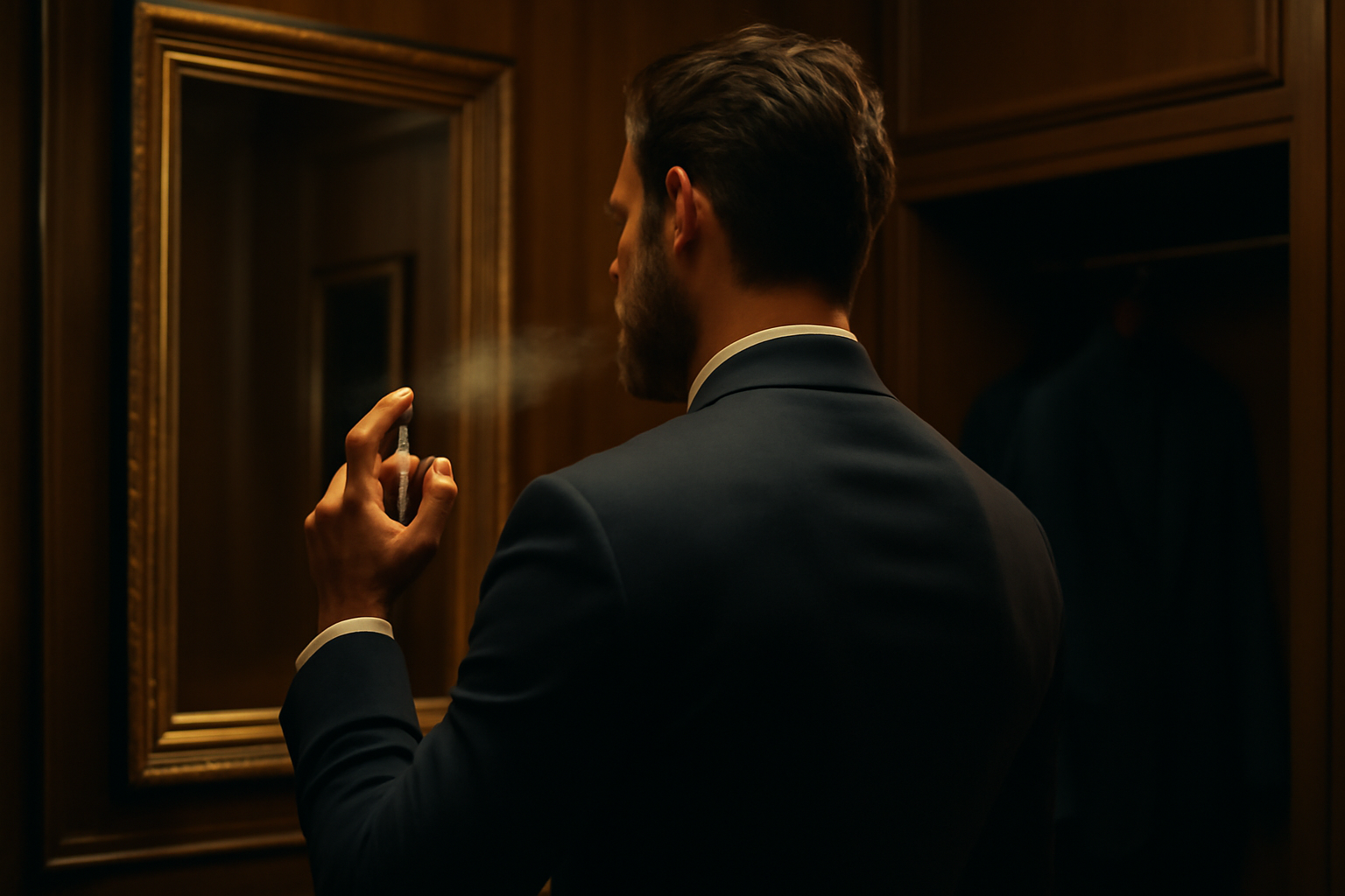 Homme en costume qui vaporise un parfum de niche dans un vestiaire chic