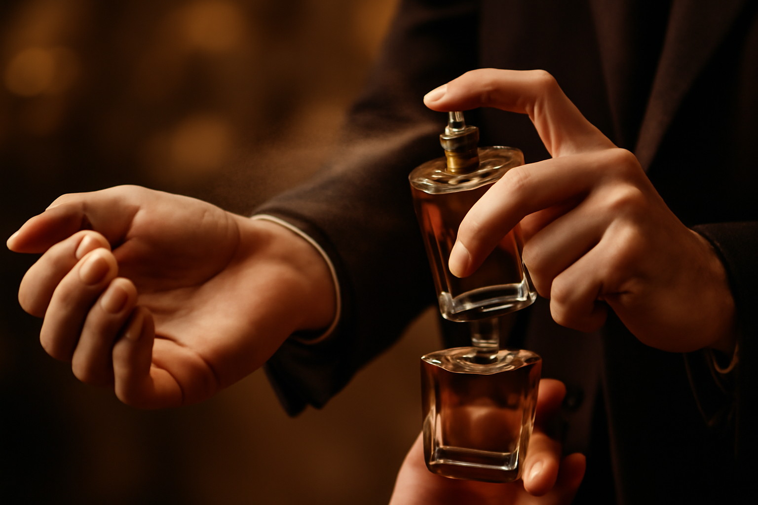 Homme superposant deux parfums technique de layering