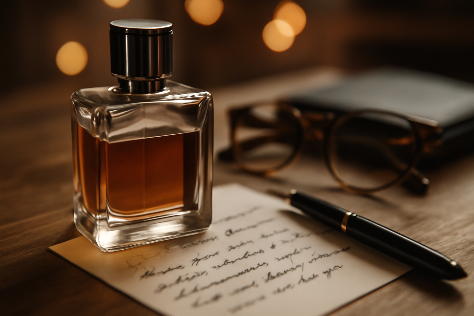 Flacon de parfum élégant sur un bureau en bois avec des notes personnelles, ambiance lifestyle