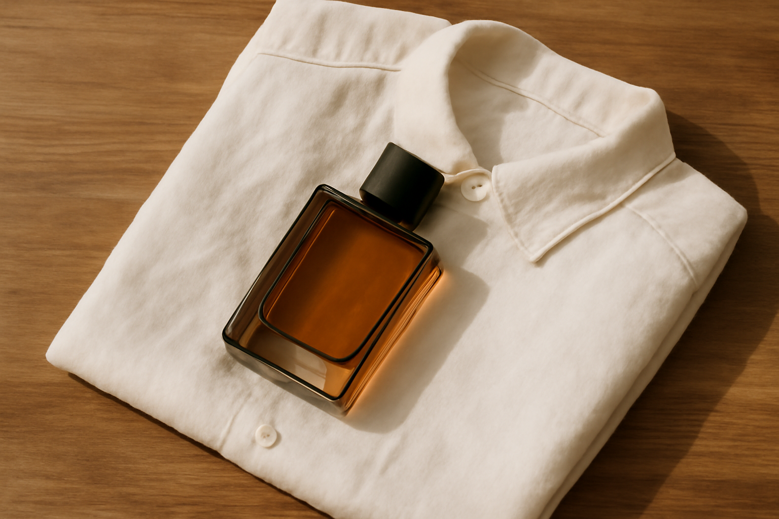 Flacon de parfum homme pose sur une chemise en coton naturel