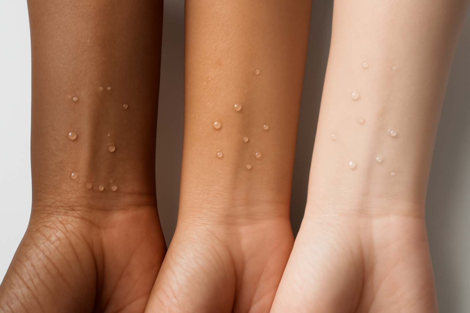 Trois poignets differents illustrant l'effet peau sur parfum