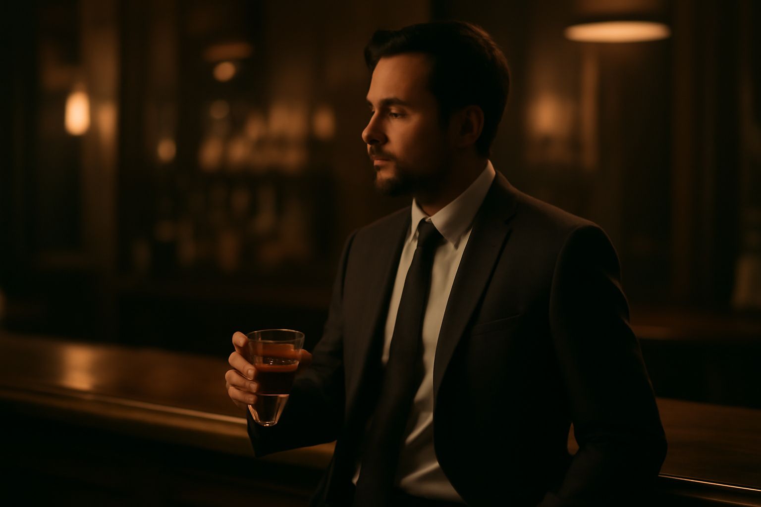 Homme confiant portant son parfum pour lui-meme dans ambiance tamisee