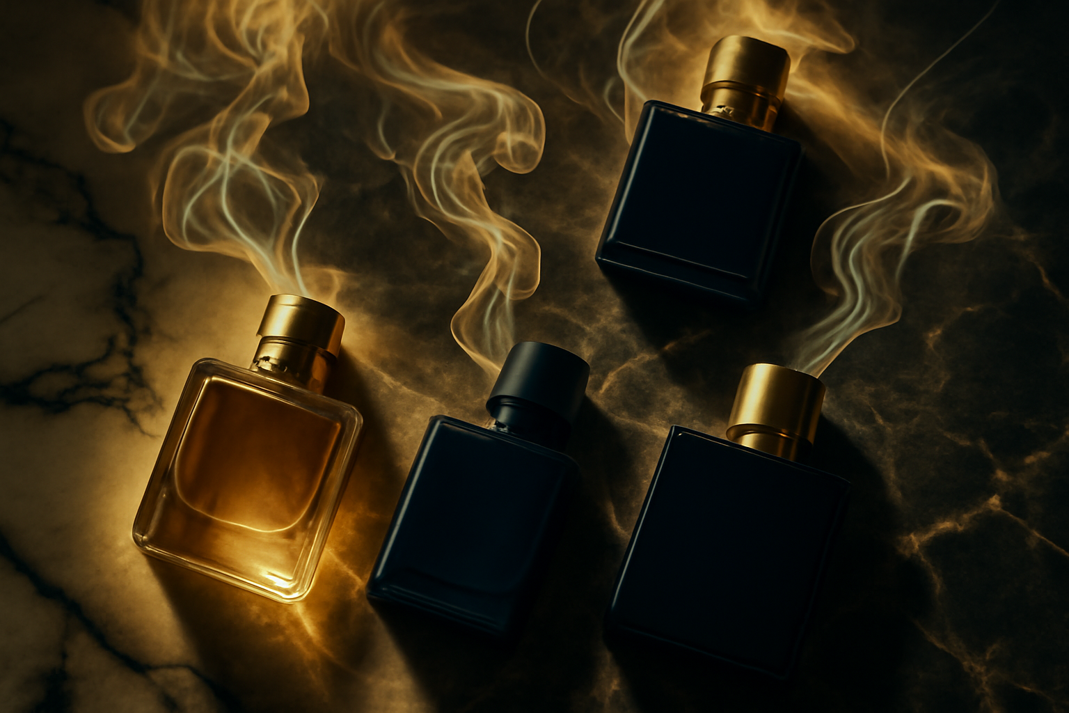 Flacons de parfum masculin avec trainees de fumee illustrant le sillage