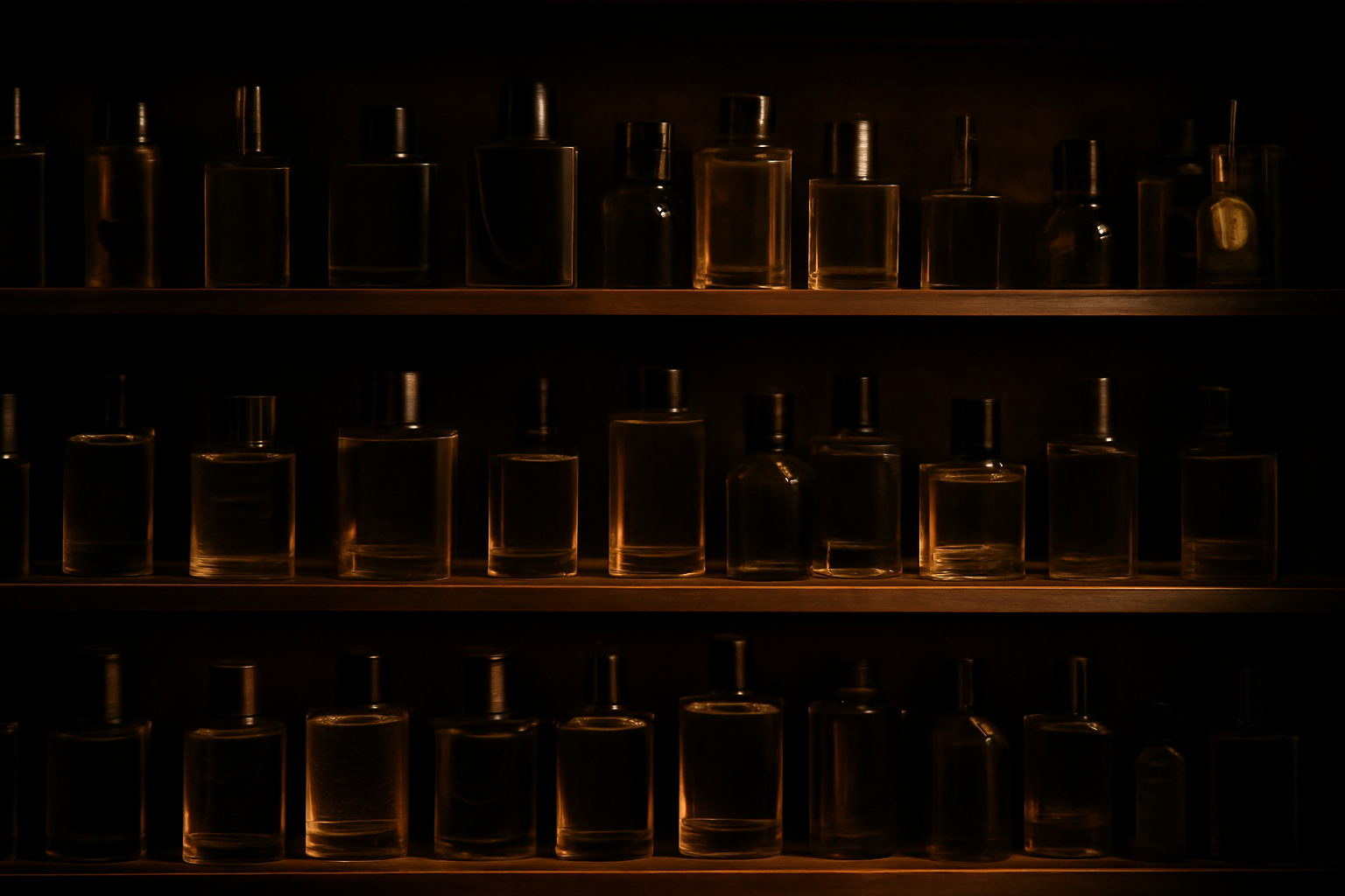 Collection de flacons de parfums masculins sur etageres en bois fonce