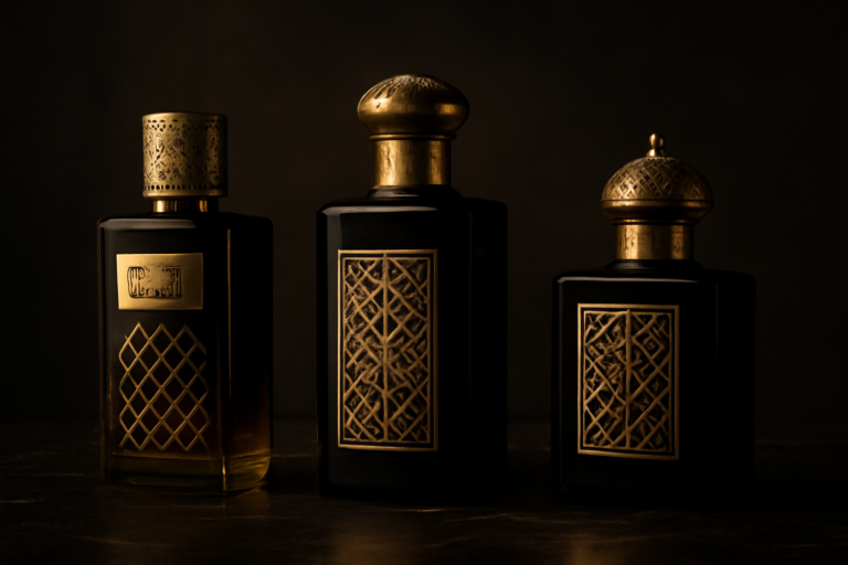 Trois flacons de parfum arabe pour homme Lattafa Armaf Al Haramain sur fond marbre