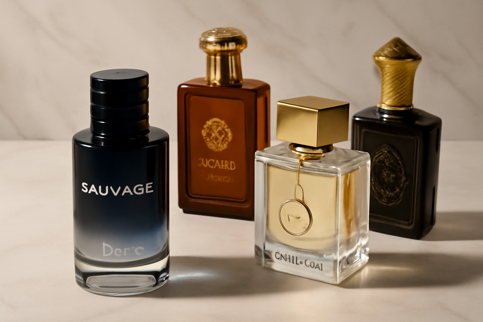 Bouteille Dior Sauvage entouree de clones arabes Lattafa Armaf sur surface marbre