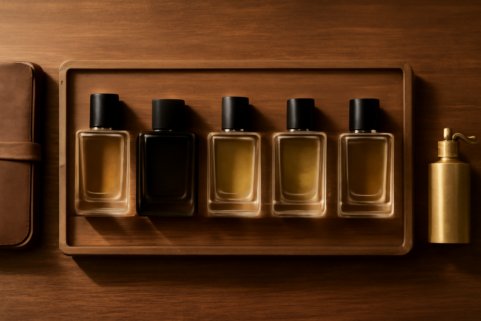 Collection minimaliste de 5 flacons de parfum sur plateau en bois de noyer