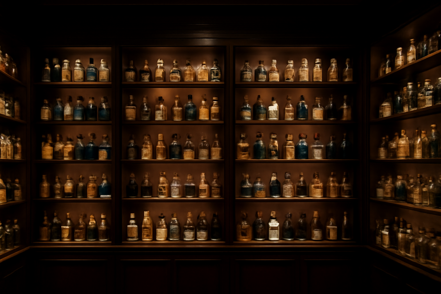 Grande collection de flacons de parfums sur etageres en bois ambiance lumiere tamisee