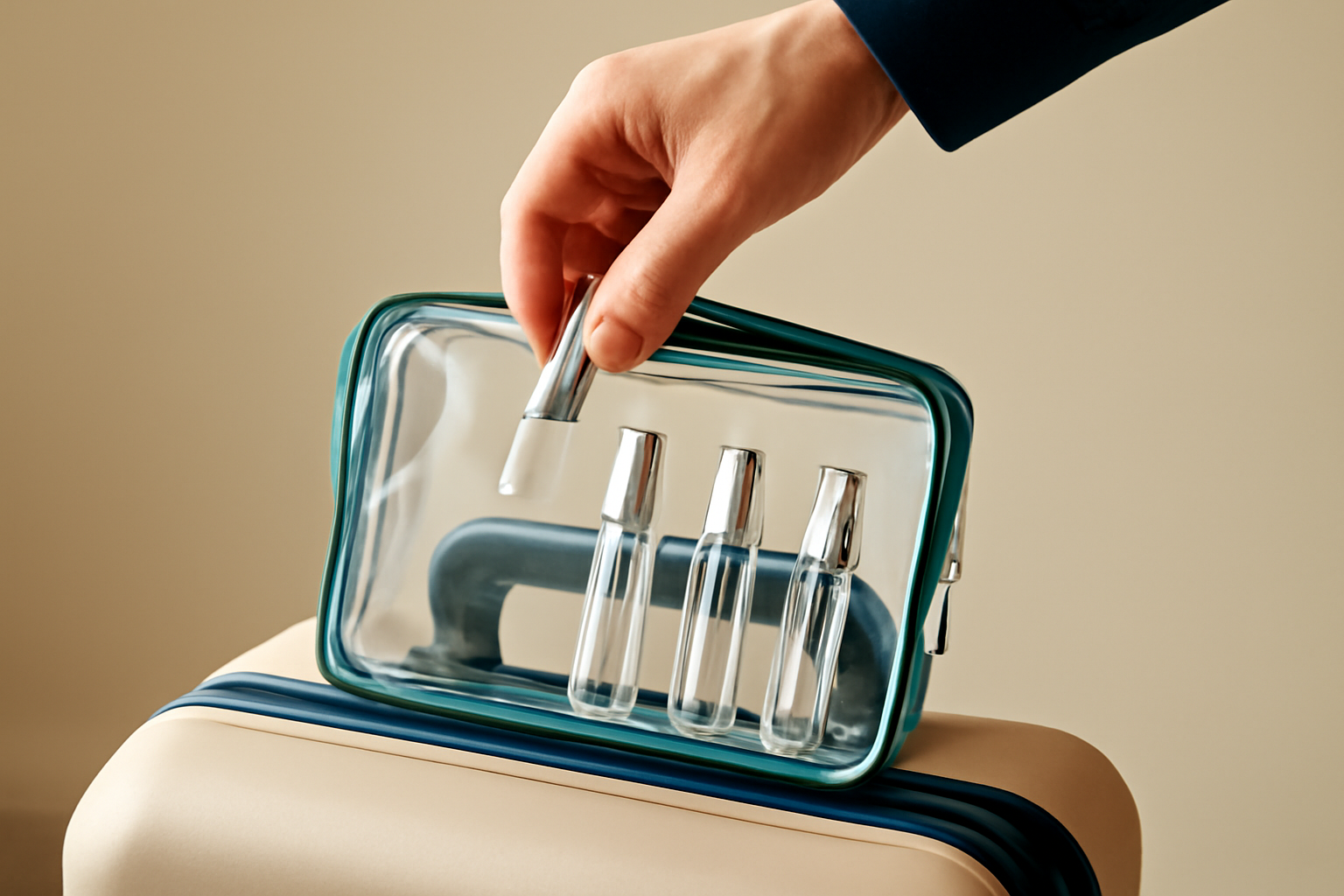 Decants et atomiseurs de parfum dans une trousse de voyage transparente aux normes cabine sur une valise beige