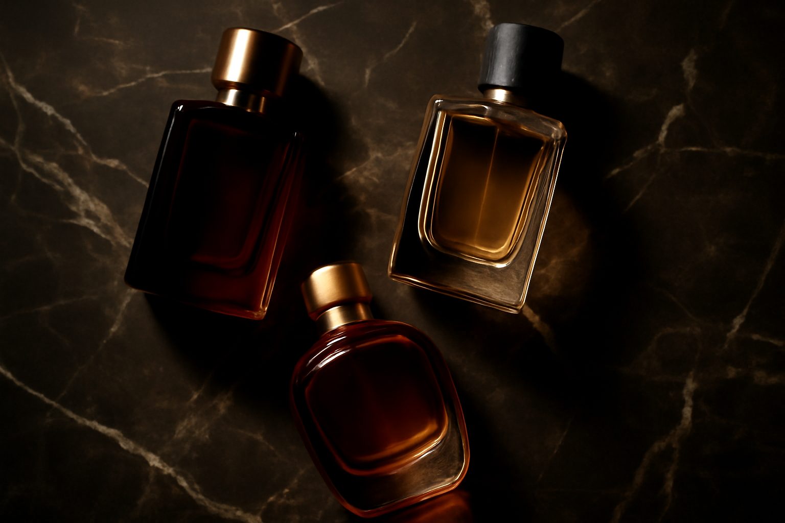 Trois flacons de parfum niche de luxe Amouage Xerjoff et Nishane sur marbre sombre