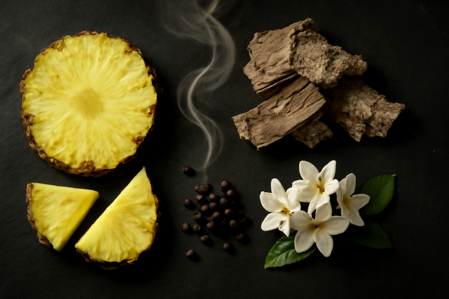 Ananas frais ecorce de bouleau jasmin et poivre noir sur ardoise