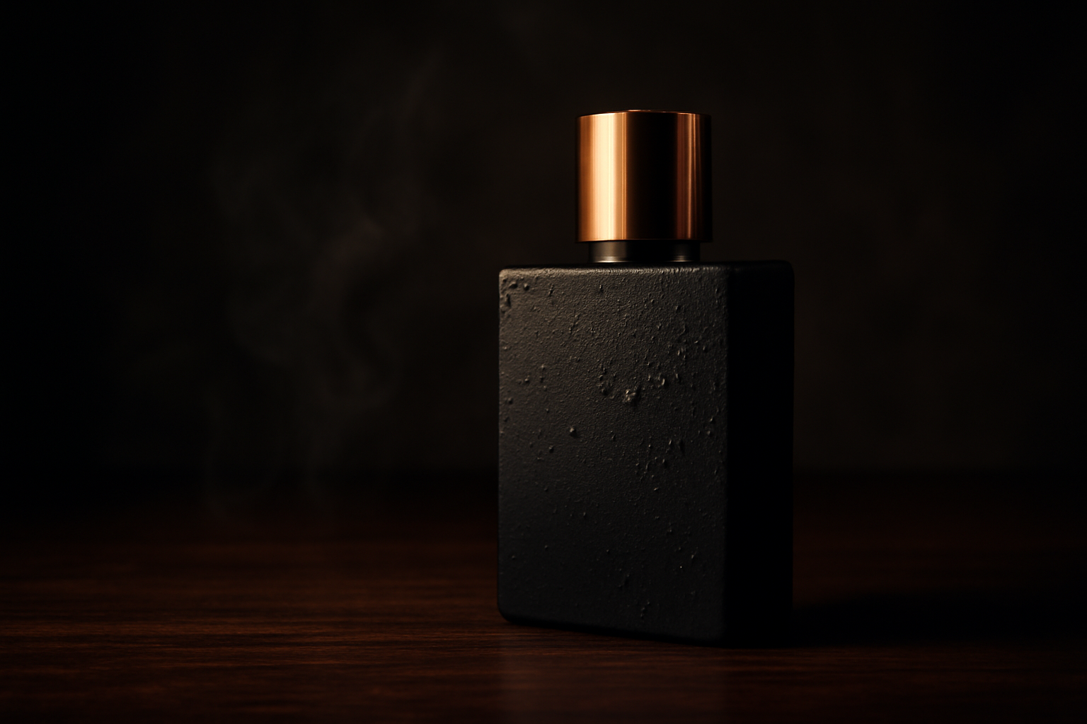 Flacon noir mat de parfum masculin sur table en bois sombre