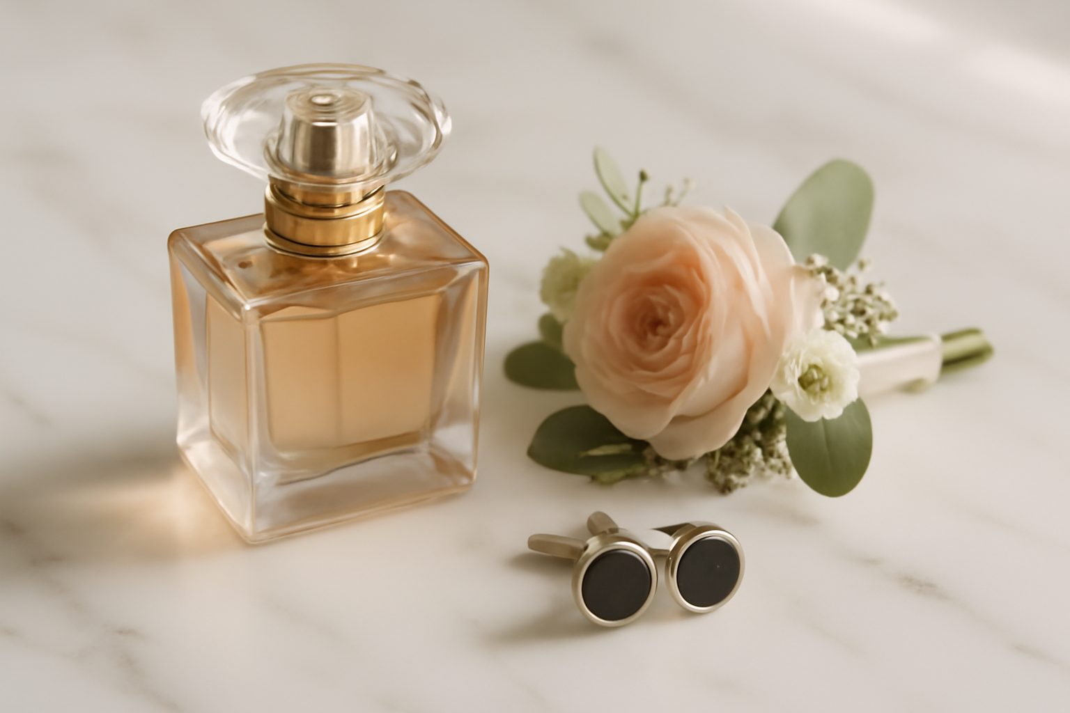 Flacon de parfum sur marbre blanc avec boutonniere de mariage