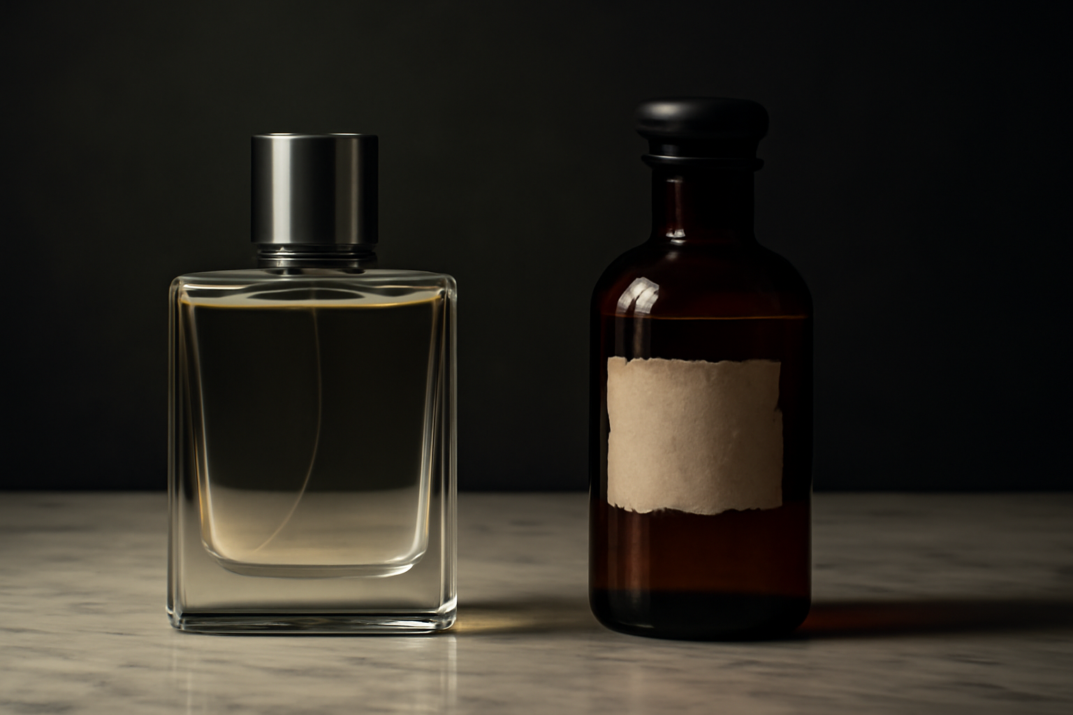 Deux flacons de parfum masculin designer et niche cote a cote sur marbre