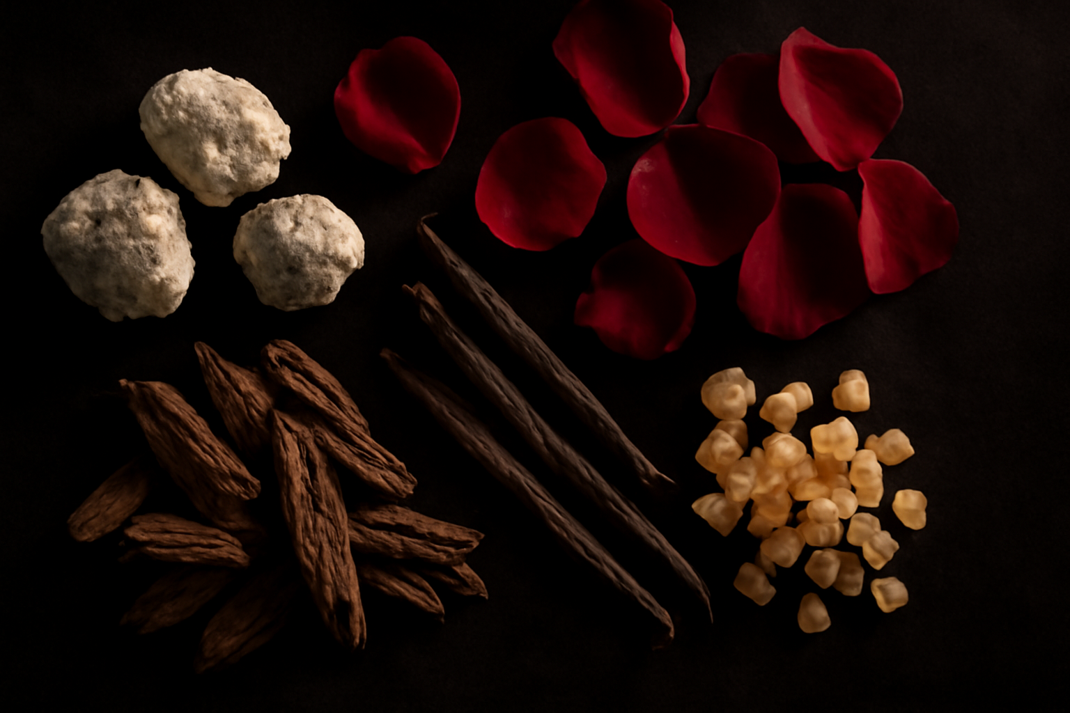 Petales de rose oud ambre vanille et resine d encens sur fond noir