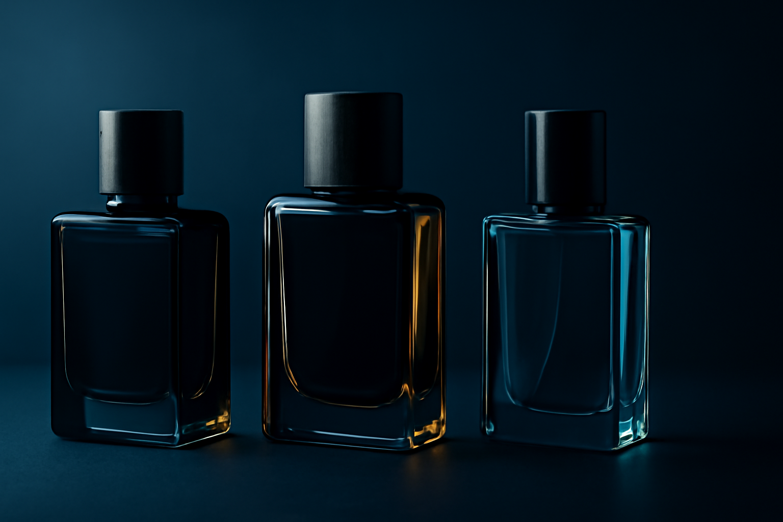 Trois flacons de parfums pour homme sur fond navy, ambiance urbaine masculine