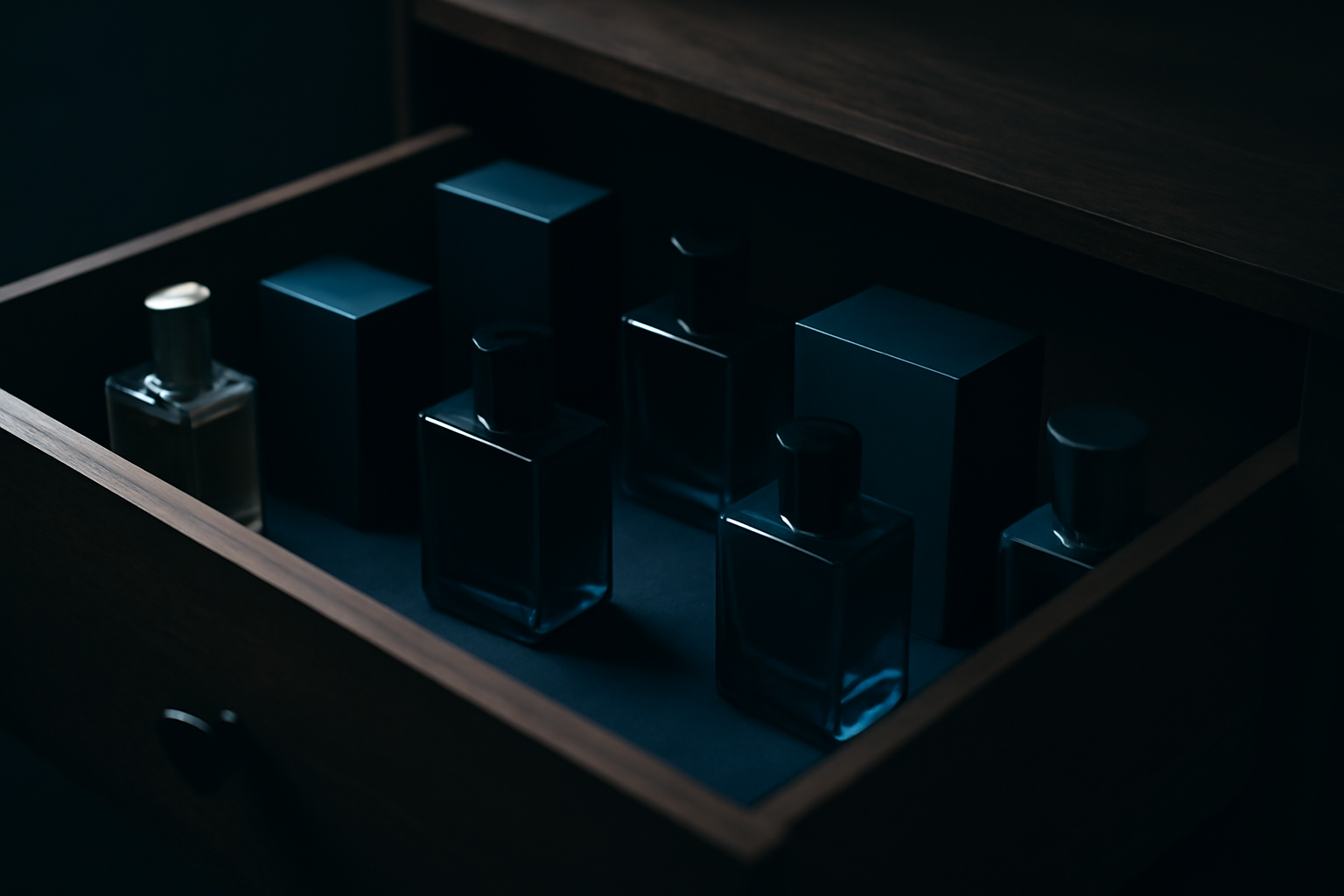 Flacons de parfum pour homme rangés debout dans un tiroir sombre, à l'abri de la lumière