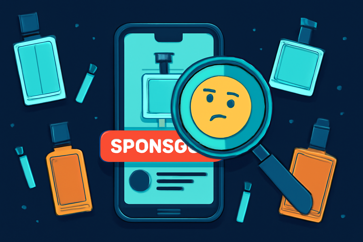 Smartphone affichant une review parfum sponsorisée, loupe et flacons de cologne : enquête sur la crédibilité des influenceurs parfum