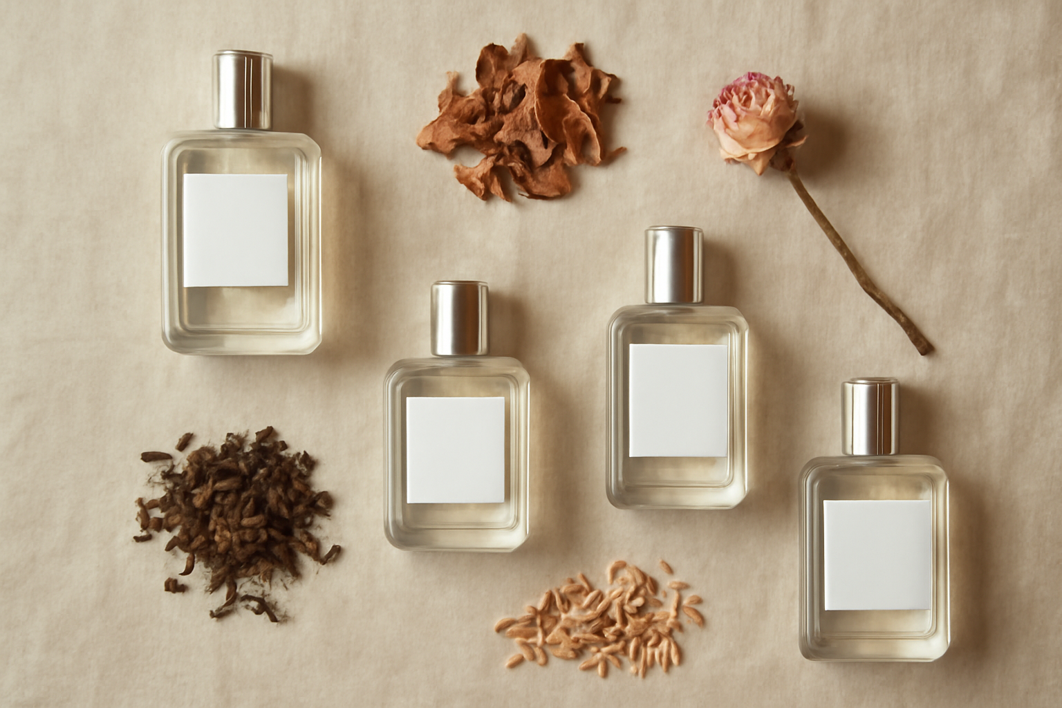 Flacons de parfum niche style apothicaire, copeaux de bois de santal, thé noir et rose séchée