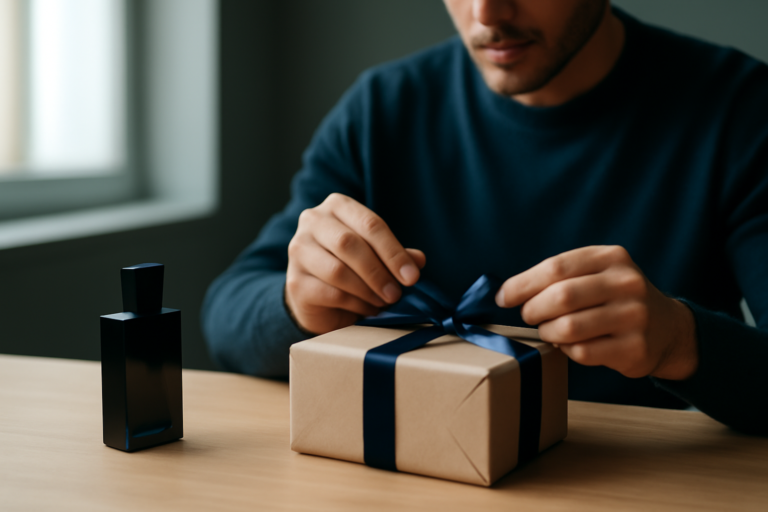 Homme emballant un coffret de parfum a offrir en cadeau