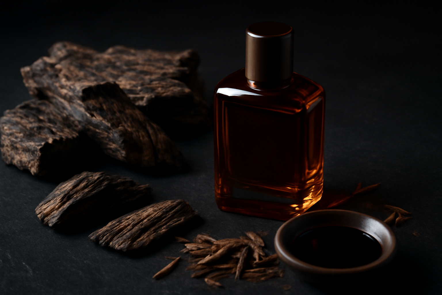 Morceaux de bois d'agar (oud) et flacon de parfum ambre sur ardoise sombre