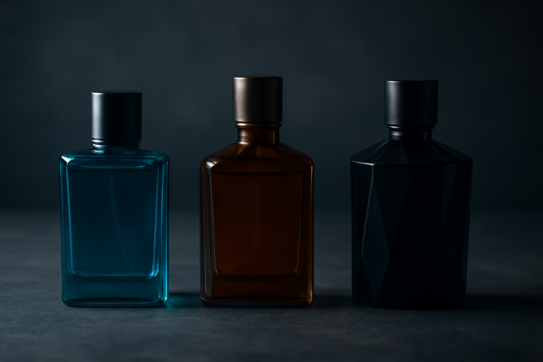 Trois flacons de parfum homme alignes representant l'evolution du gout a 20, 30 et 40 ans