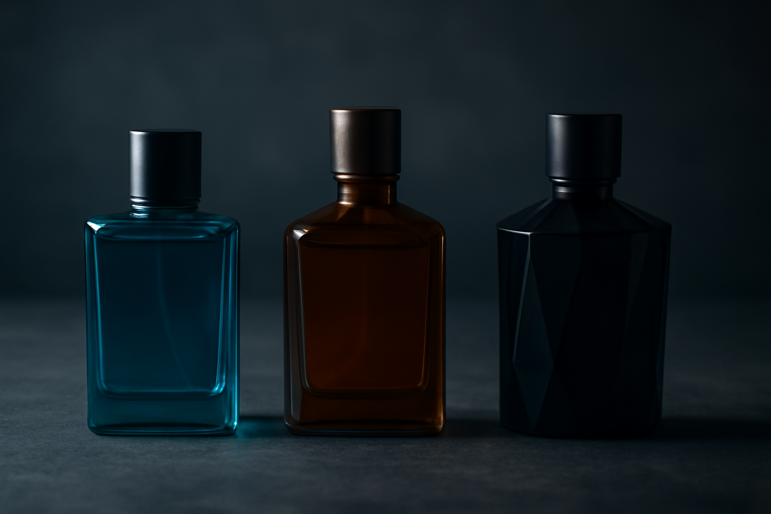 Trois flacons de parfum homme alignes representant l'evolution du gout a 20, 30 et 40 ans