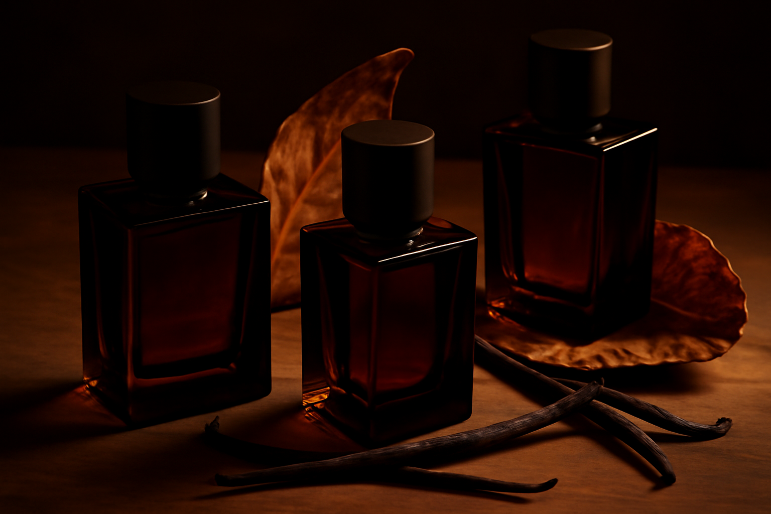 Flacons de parfums vanille pour homme sur fond bois ambré