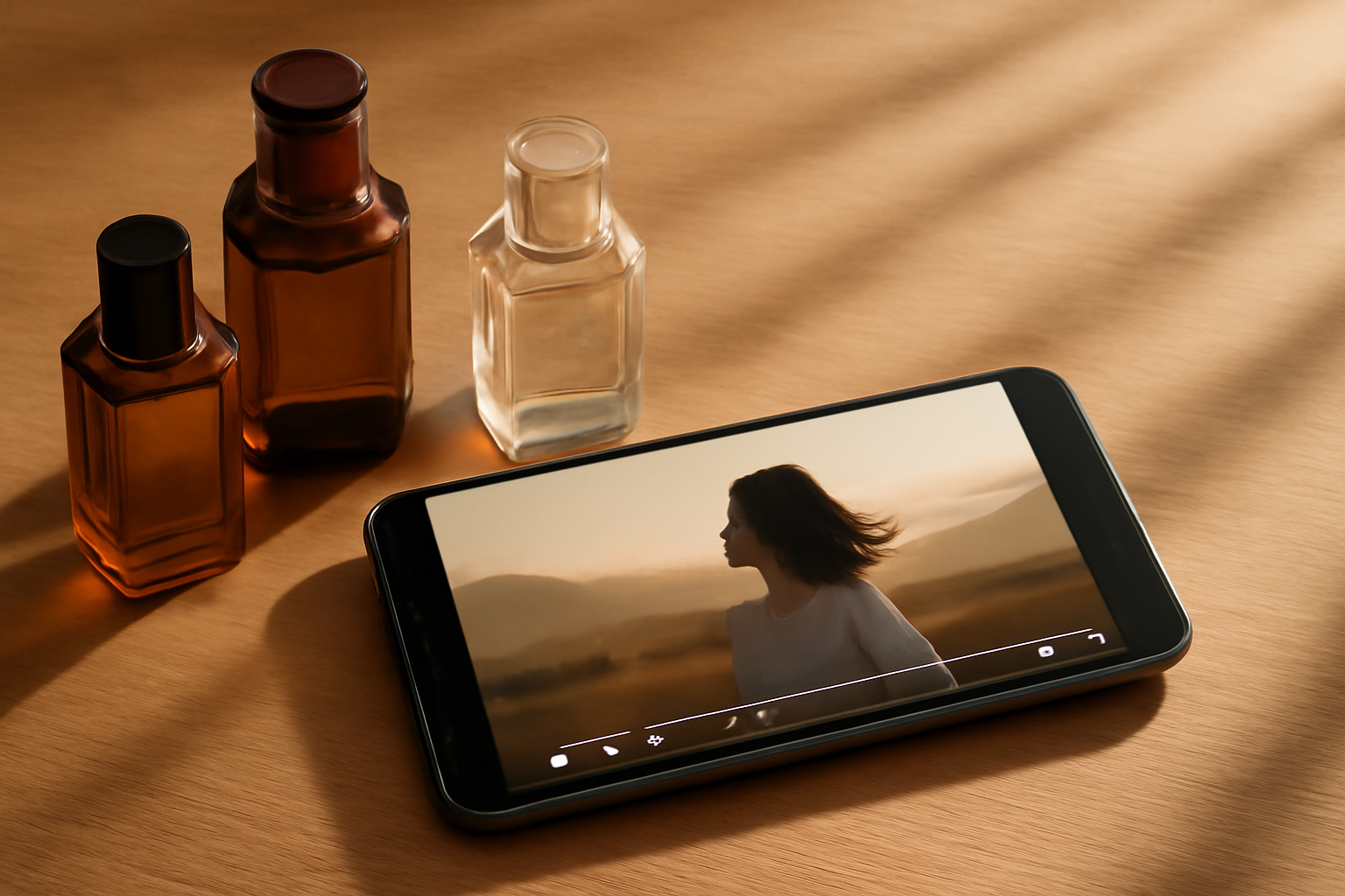 Homme scrollant sur son smartphone avec des flacons de parfum sur une table basse