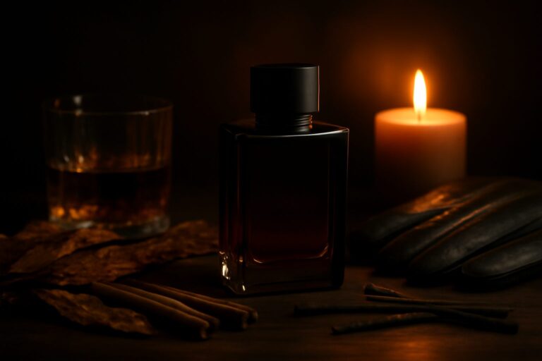 Ambiance hivernale chaleureuse avec feuilles de tabac, whisky et bougie evoquant les parfums tabac pour homme