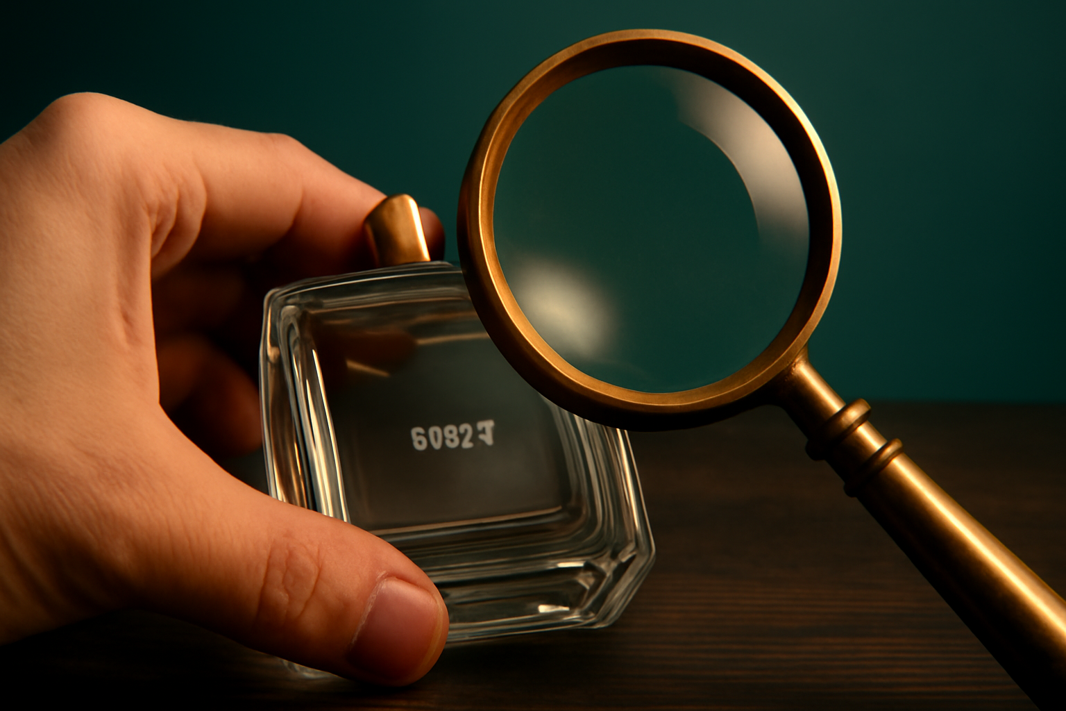 Loupe au-dessus d'un batch code grave sous un flacon de parfum