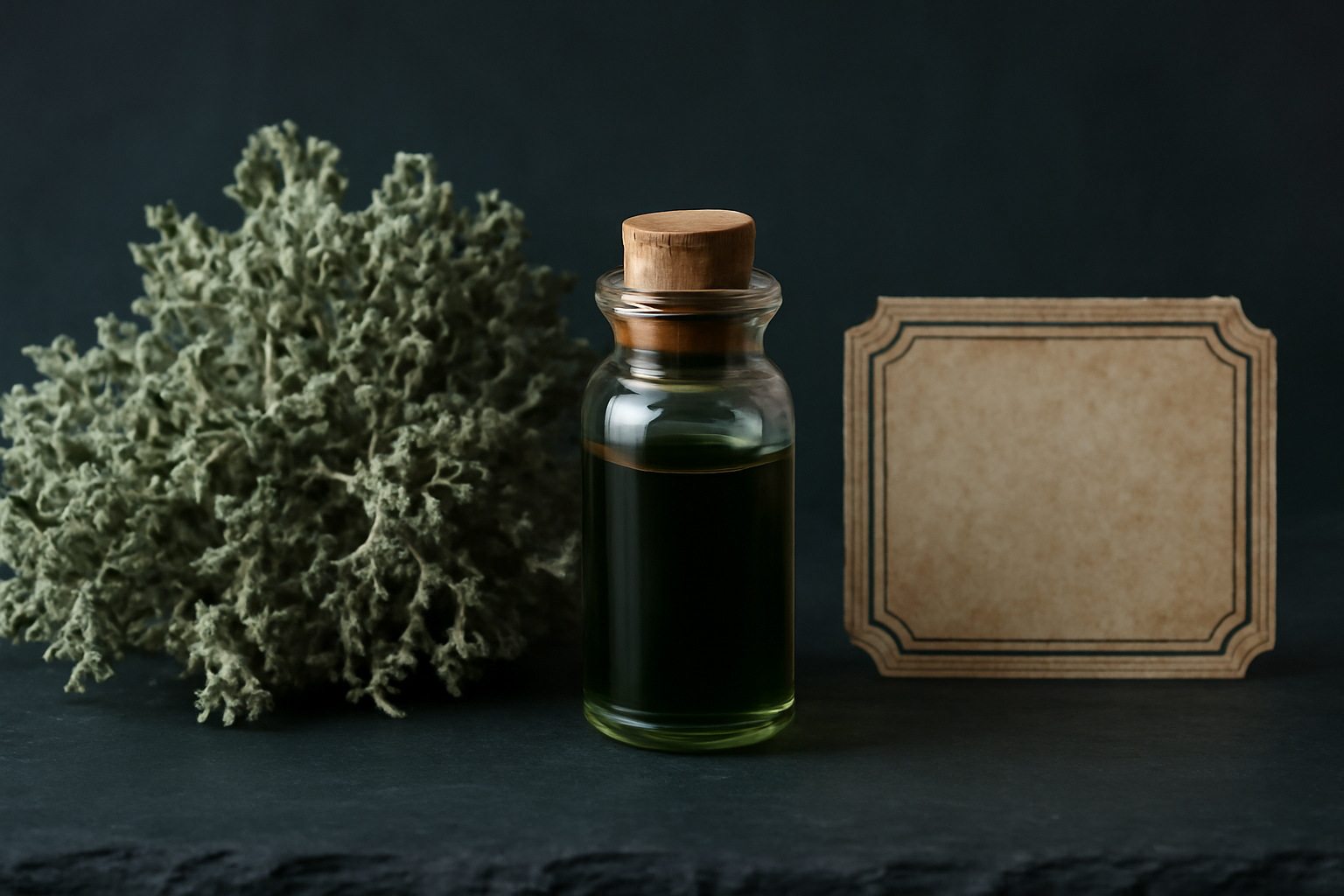 Chene mousse (oakmoss) et sa fiole d'absolue vert fonce