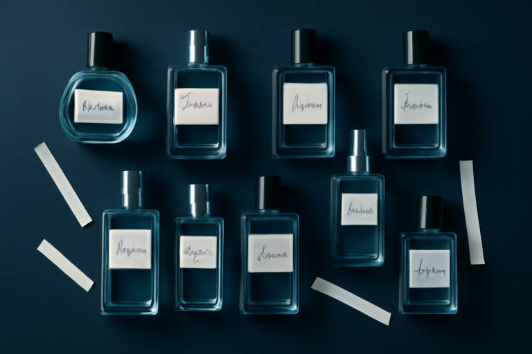Flacons de la maison de dupes Montagne Parfums posés à plat sur fond bleu nuit