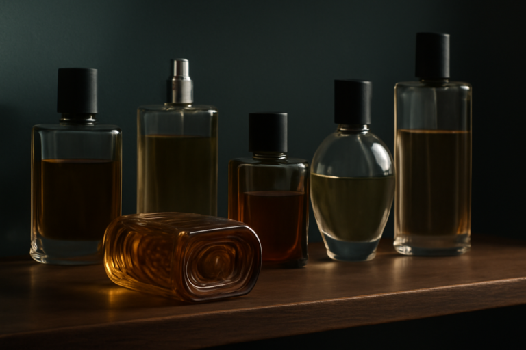 Etagere de collectionneur avec des flacons de parfum pour homme de differentes epoques et un batch code visible