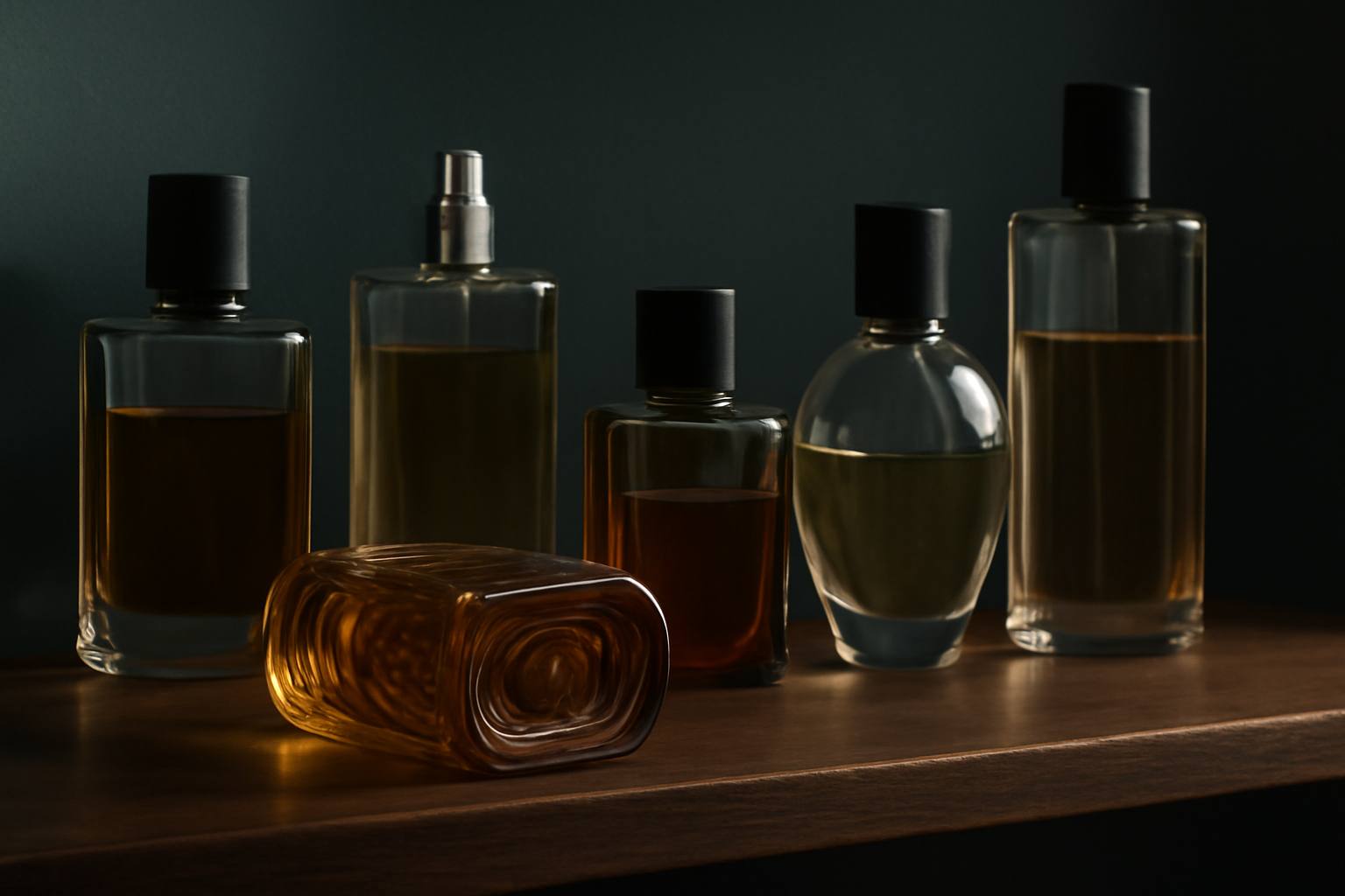 Etagere de collectionneur avec des flacons de parfum pour homme de differentes epoques et un batch code visible