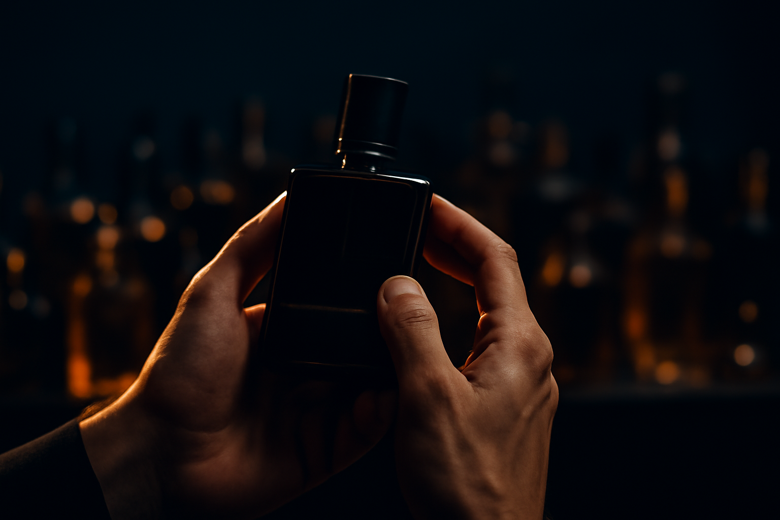 Mains tenant un flacon sombre devant une étagère de parfums